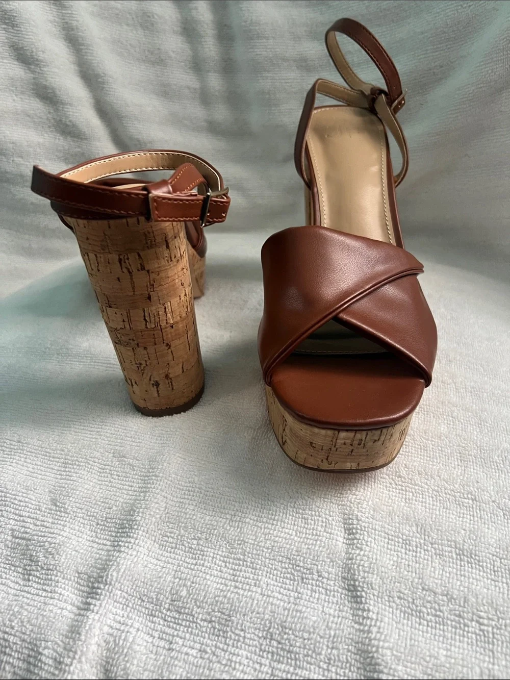 JustFab Brown Leather Cork Platform Sandals with Ankle Strap Size 10 Brown